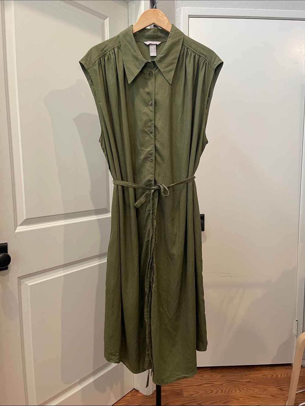 H&M Olive Sleeveless Midi Shirt Dress with Tie Waist NWT